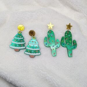 Christmas Earrings Bundle of 2 Tree and Cactus with Lights Acrylic Glitter